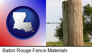 Baton Rouge, Louisiana - a fence, constructed of wooden posts and barbed wire