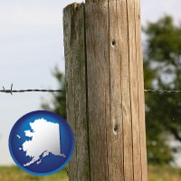 ak map icon and a fence, constructed of wooden posts and barbed wire