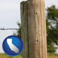 california map icon and a fence, constructed of wooden posts and barbed wire