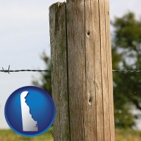 de map icon and a fence, constructed of wooden posts and barbed wire