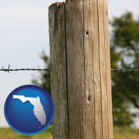 florida map icon and a fence, constructed of wooden posts and barbed wire