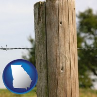 georgia map icon and a fence, constructed of wooden posts and barbed wire