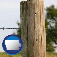 iowa map icon and a fence, constructed of wooden posts and barbed wire
