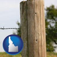 idaho map icon and a fence, constructed of wooden posts and barbed wire