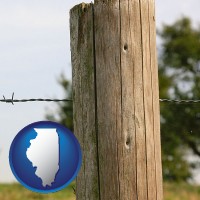 illinois map icon and a fence, constructed of wooden posts and barbed wire