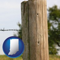 indiana map icon and a fence, constructed of wooden posts and barbed wire