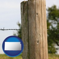 kansas map icon and a fence, constructed of wooden posts and barbed wire