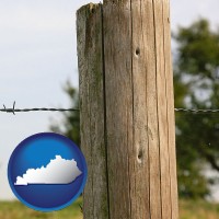 kentucky map icon and a fence, constructed of wooden posts and barbed wire