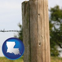 louisiana map icon and a fence, constructed of wooden posts and barbed wire