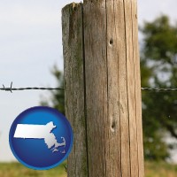massachusetts map icon and a fence, constructed of wooden posts and barbed wire