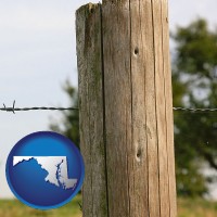 maryland map icon and a fence, constructed of wooden posts and barbed wire