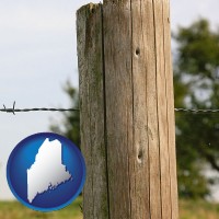 maine map icon and a fence, constructed of wooden posts and barbed wire