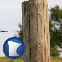 minnesota map icon and a fence, constructed of wooden posts and barbed wire
