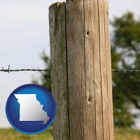 missouri map icon and a fence, constructed of wooden posts and barbed wire