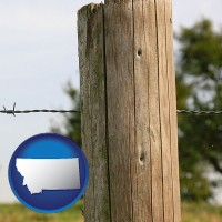 montana map icon and a fence, constructed of wooden posts and barbed wire