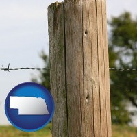 nebraska map icon and a fence, constructed of wooden posts and barbed wire