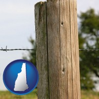 new-hampshire map icon and a fence, constructed of wooden posts and barbed wire