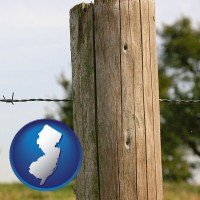 new-jersey map icon and a fence, constructed of wooden posts and barbed wire