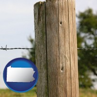 pennsylvania map icon and a fence, constructed of wooden posts and barbed wire