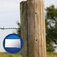south-dakota map icon and a fence, constructed of wooden posts and barbed wire
