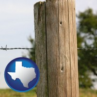 texas map icon and a fence, constructed of wooden posts and barbed wire