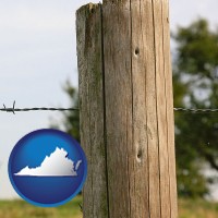 virginia map icon and a fence, constructed of wooden posts and barbed wire
