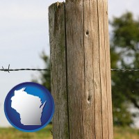 wisconsin map icon and a fence, constructed of wooden posts and barbed wire