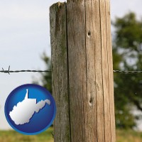 west-virginia map icon and a fence, constructed of wooden posts and barbed wire