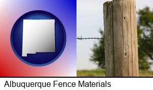 a fence, constructed of wooden posts and barbed wire in Albuquerque, NM