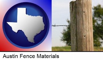 a fence, constructed of wooden posts and barbed wire in Austin, TX