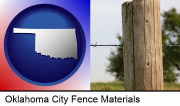 a fence, constructed of wooden posts and barbed wire in Oklahoma City, OK