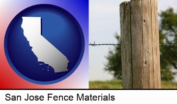 a fence, constructed of wooden posts and barbed wire in San Jose, CA